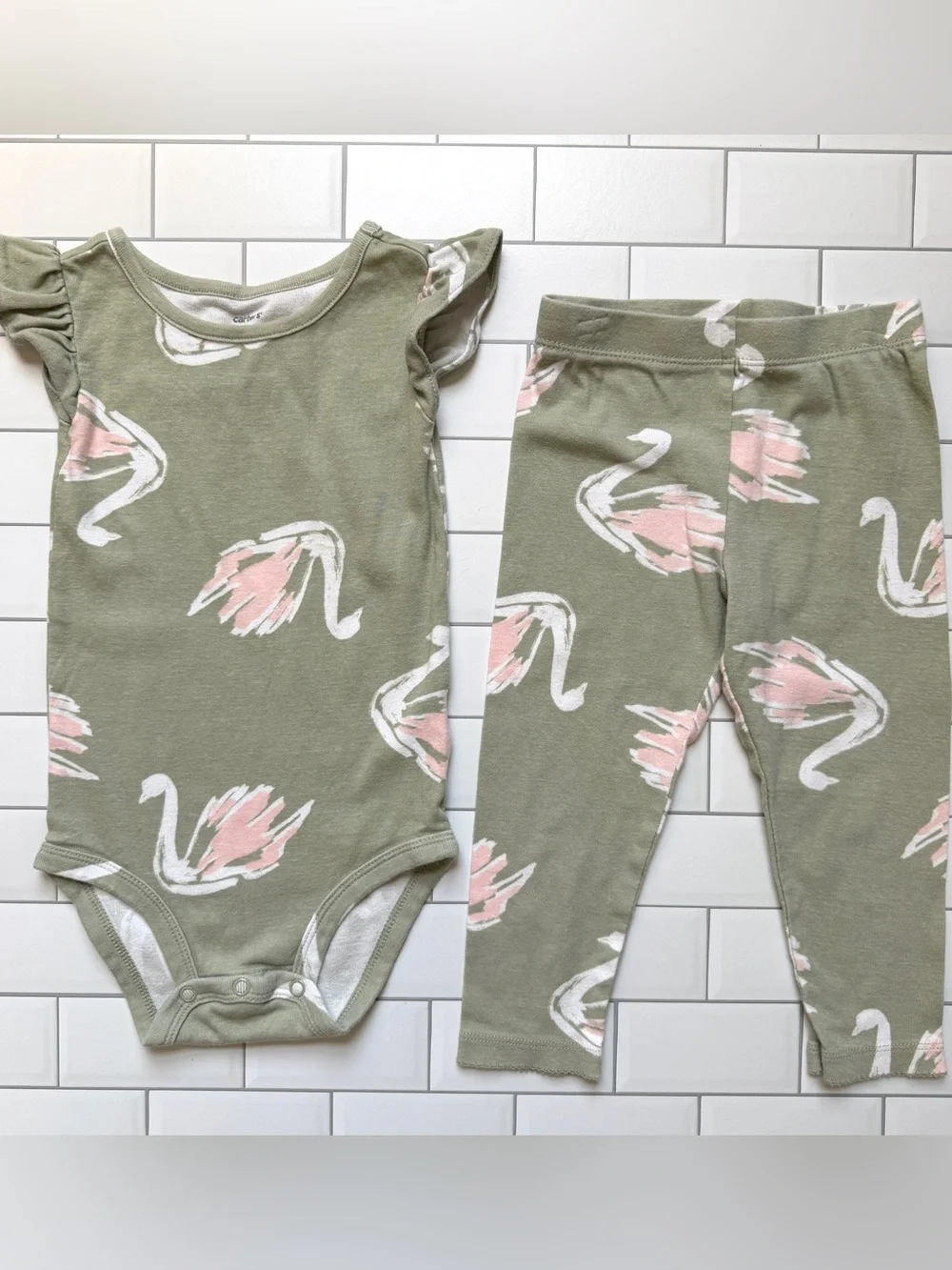24M🦢 Carter’s Swan Print Sage Green & Pink Ruffle Sleeve Short Sleeve Bodysuit - Picture 4 of 10